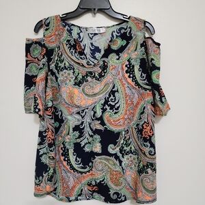 FAB'RIK Large Paisley‎ Cold Shoulder V Neck Western Boho Hippie Blouse Black